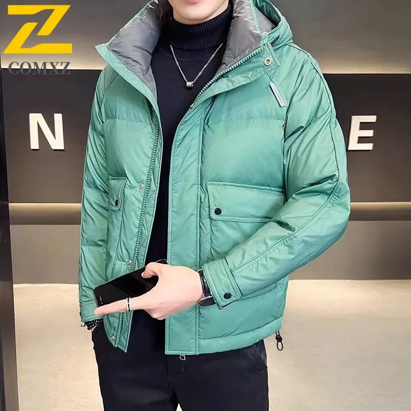 COMXZ Men Down Short Jacket Hooded Collar Commute Office Lightweight Puffer Coat Trendy Travel Cold Protection Warm Winter Coat