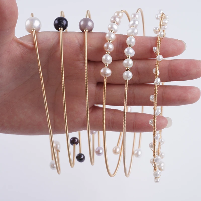 Natural Freshwater Pearl Golden Winding Wire Handmade Adjustable Necklace Collar Jewelry