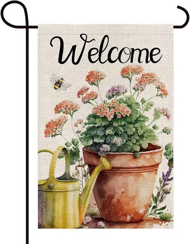 Welcome Flower Pot Kettle Vertical Burlap Garden Flag, Double Sided, 12