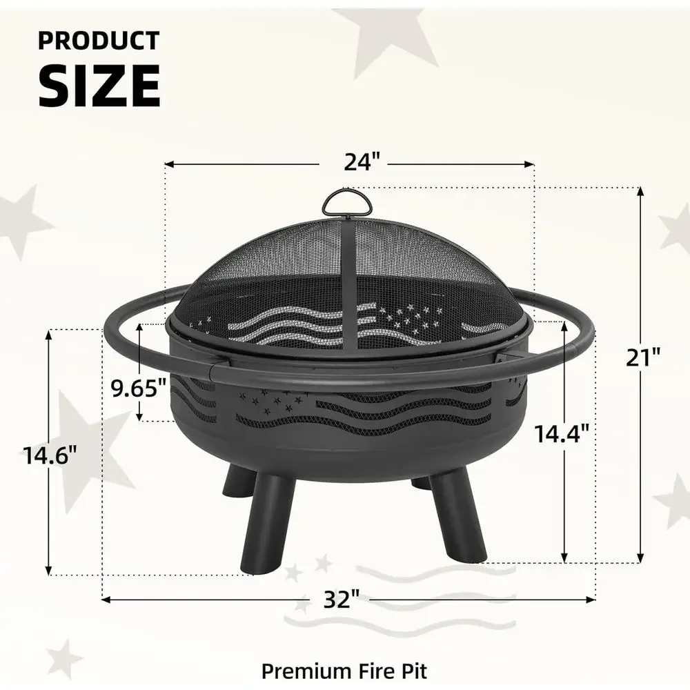 32 Inch Round Metal Wood Burning Fire Pit with Mesh Cover & Poker for Outdoor, Patio, Garden, Backyard, Ideal for 4th of July, M