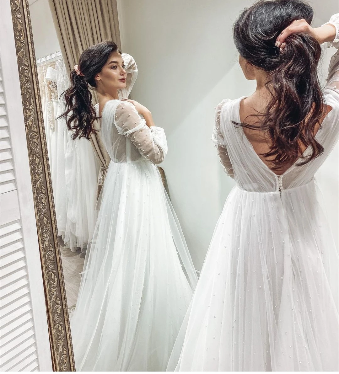 Wedding Dress Deep V-Neck Long Sleeve With Pearls Princess Vestidos Novia Backless Organza Or Length Robe De Mariee