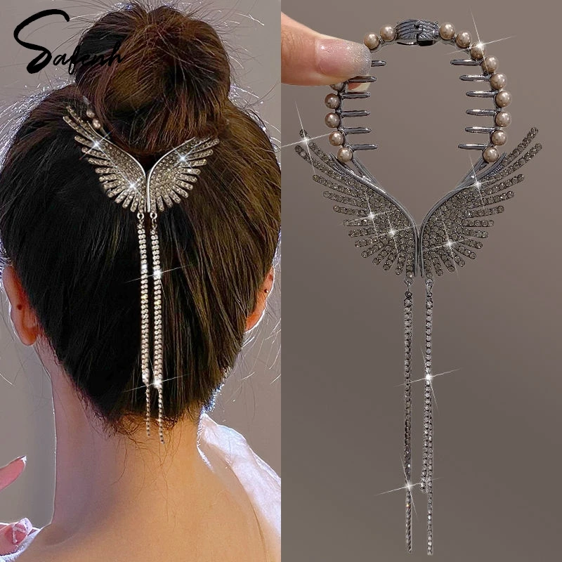 New Angel Wings Hair Bun Hair Clips Women Girls Rhinestone Tassel Ponytail Button Hairpin Golden Fashion Accessories