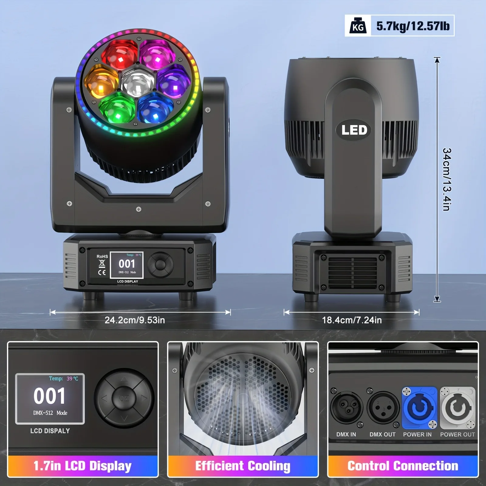 Moving Head Light 7X40W Beam/Wash/Zoom Effect, Rgbw 4-in-1 Stage Light Professional Dmx512, Sound-Activated Dj Light for Music Parties, Disco, Weddings