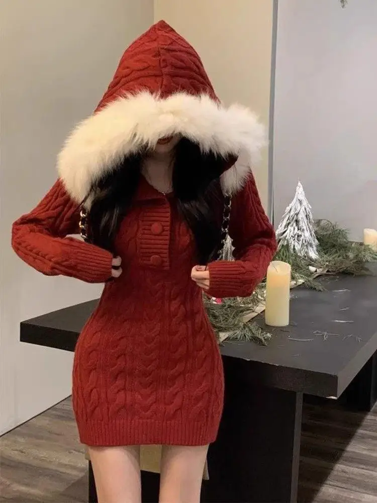 

Красное вязаное платье с капюшоном и меховым воротником, сексуальное модное новогоднее платье для женщин, осень-зима, новое облегающее платье Dr