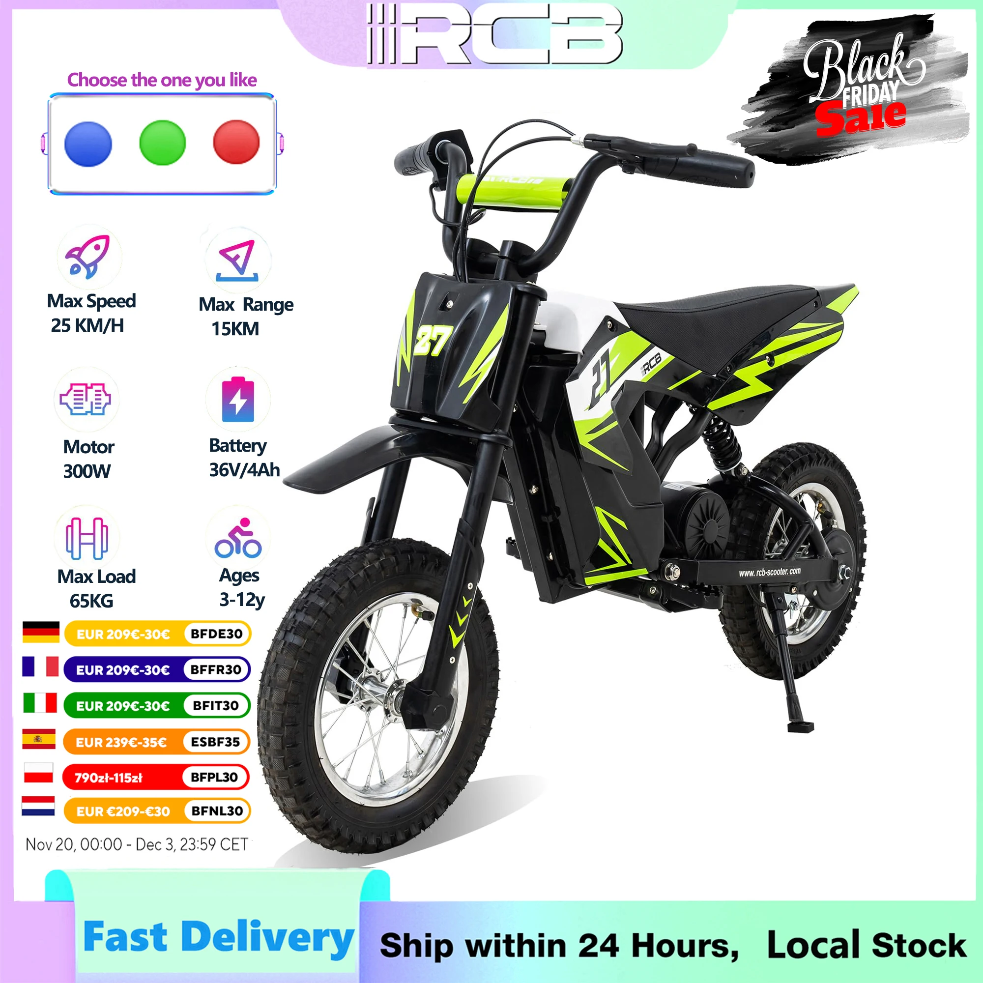 RCB Moto électrique pour enfants - Vélo moto électrique R9X pour enfants, portée jusqu'à 15,5 MPH et 9,3 milles, E Ride On avec 36 V 4 Ah