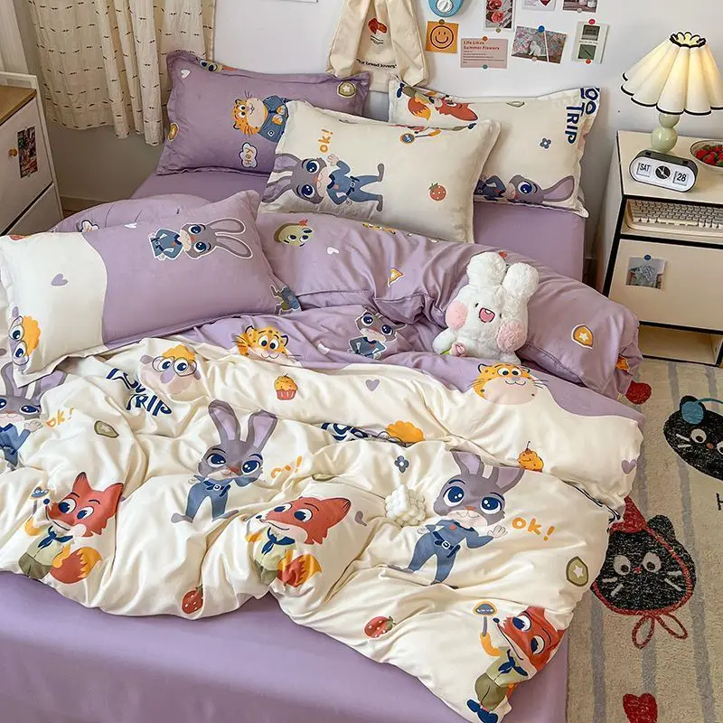 

New Style Class A Washed Cotton Zootopia Bedding Set - Washable 4-Piece Duvet Cover & 3-Piece Single Bed Set for Student Dorm