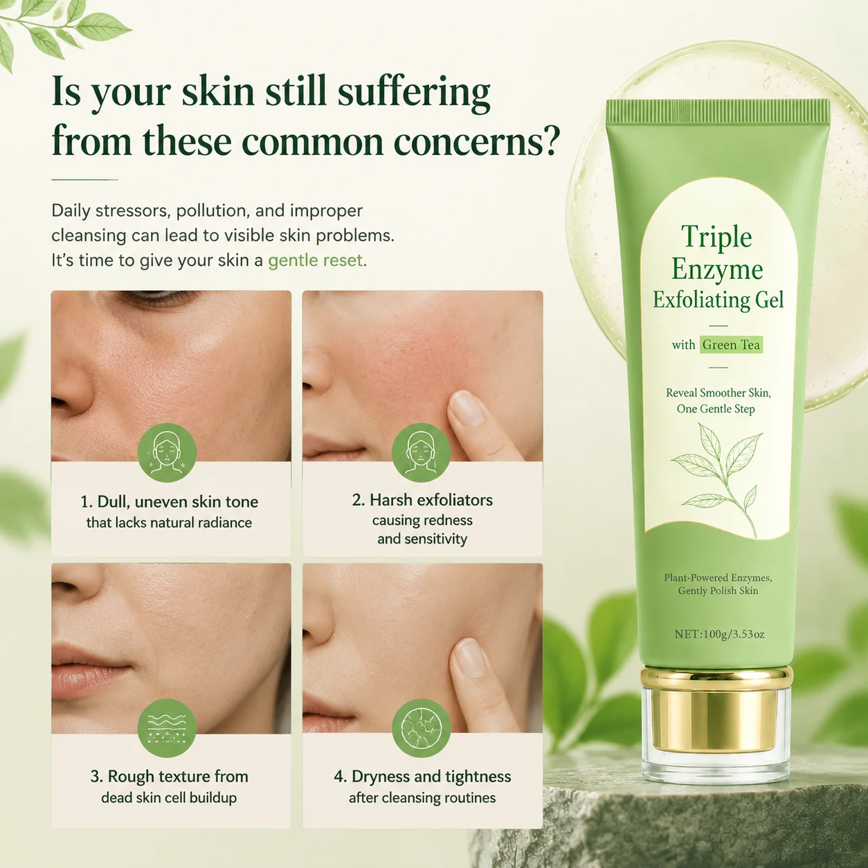 100g Triple Enzyme Exfoliating Gel with Green Tea, Gentle Non-Abrasive Face Peeling Gel, Dead Skin Remover Pore Minimizer view 2