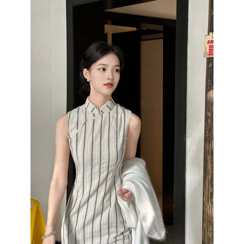 Summer Beige Striped Cheongsam New Chinese Style Long Sleeveless Waist Cinched Slimming Elegant Bodycon Qipao Dress CH-146