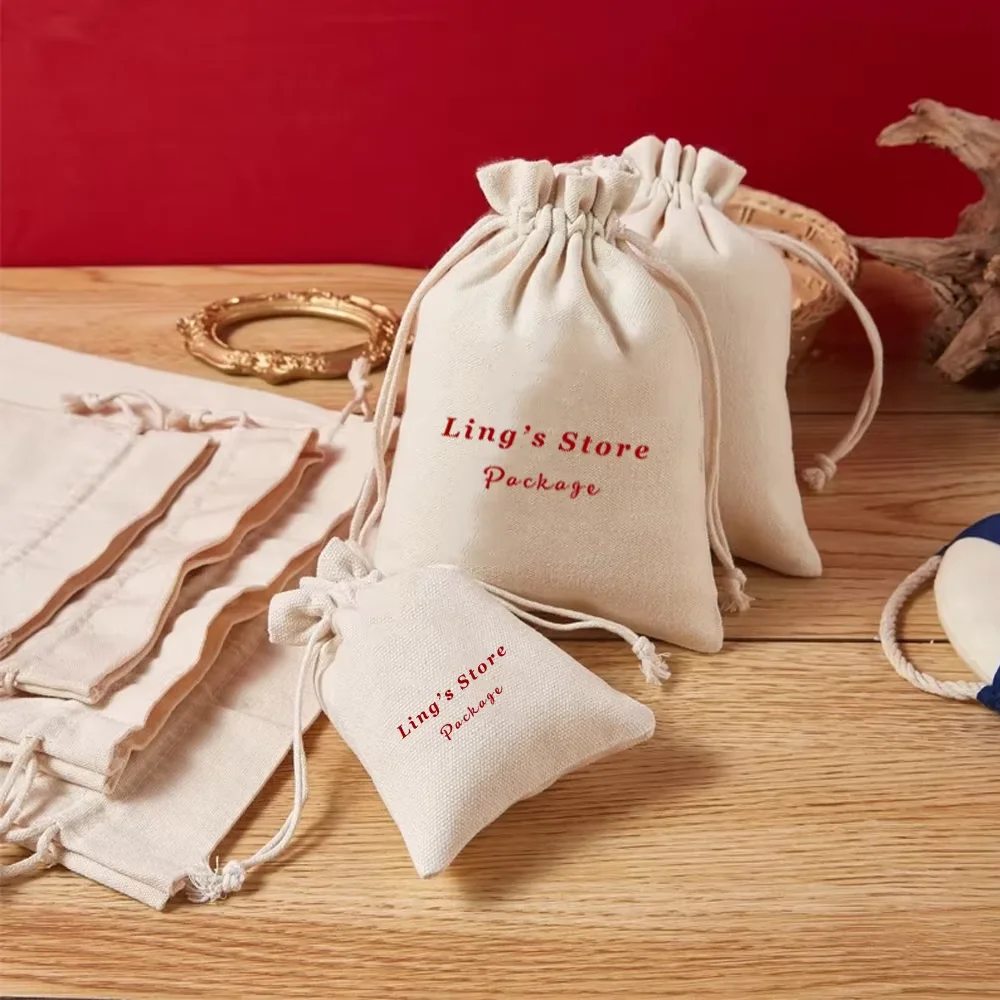 

50Pcs Custom Logo Jewelry Packaging Pouch Nature Cotton Canvas Bags for Necklace Earring Ring Pouch Wedding Favors Party Gift