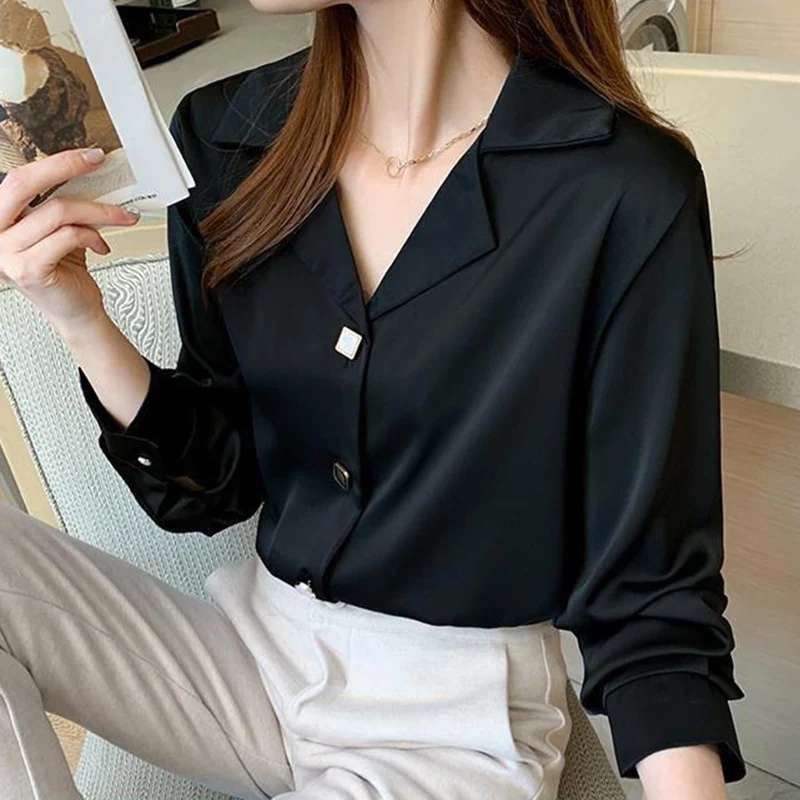 Spring Autumn Elegant Women Shirt Solid Lapel Buttons Chiffon Blouse Loose Casual Korean Trendy Design Black Straight Mujer Top