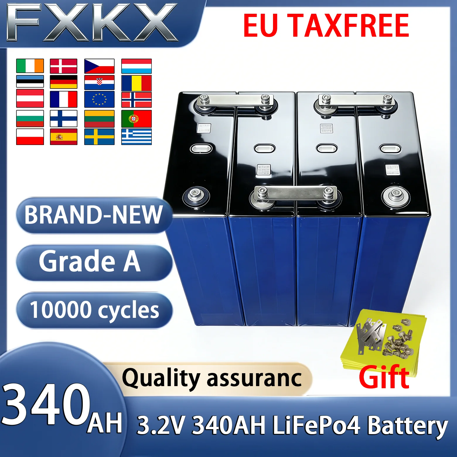 

10000 циклов 3,2 В 340 Ач Lifepo4 аккумуляторная батарея класса A DIY 12 В 24 В 48 В RV EV Лодка Гольф Солнечная энергия Кемпинг беспошлинная торговля