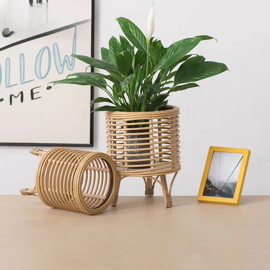 

Nordic style Rattan Planter Handing Flower Pot Floor Balcony Round Flower Rack Creative Dill Potted Ornaments Indoor Plant Pot