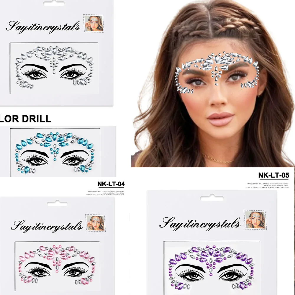 

4PC 3D Halloween Party Face Makeup Rhinestone Temporary Tatoo Sticker Adhesive Crystal Face Slider Colourful Gemstone Face Decal