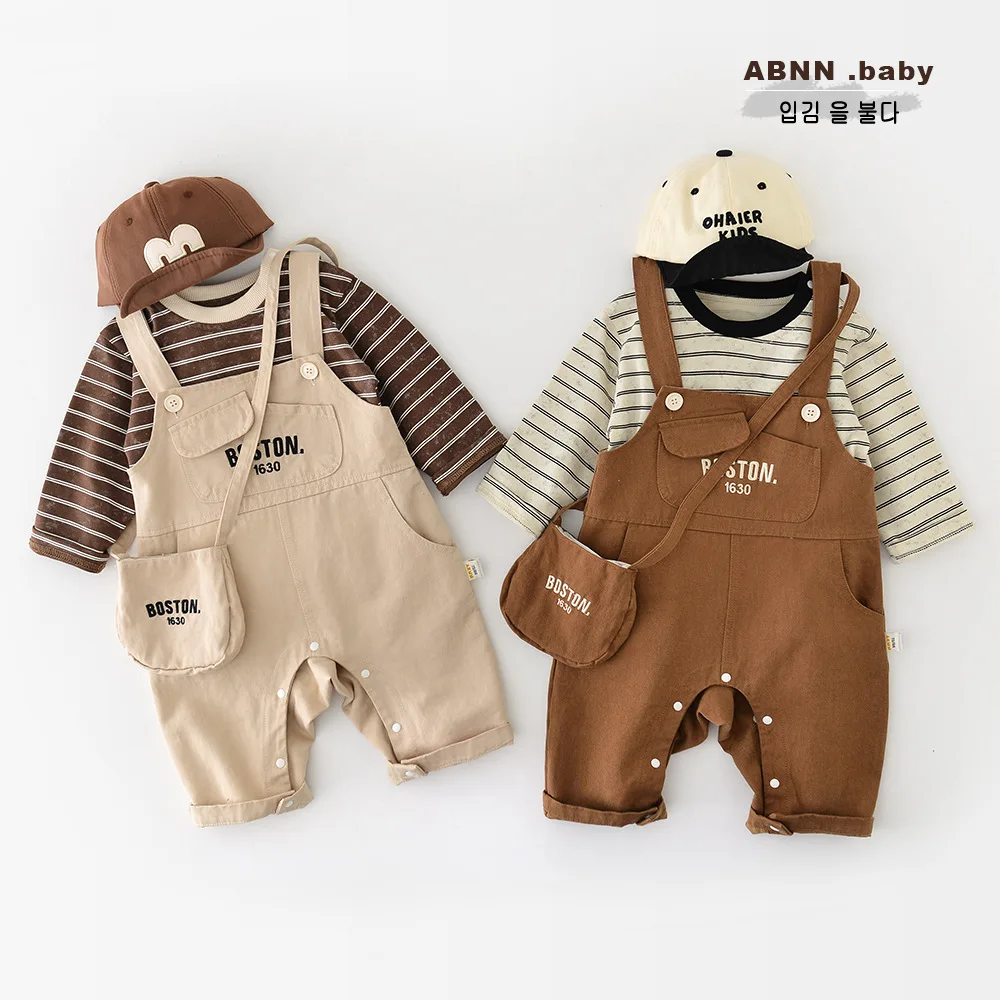 بدلة قفز للأطفال لخريف 2025 مطرزة بحروف لحديثي الولادة مع حقيبة ملابس خارجية غير رسمية للأطفال الرضع والأولاد