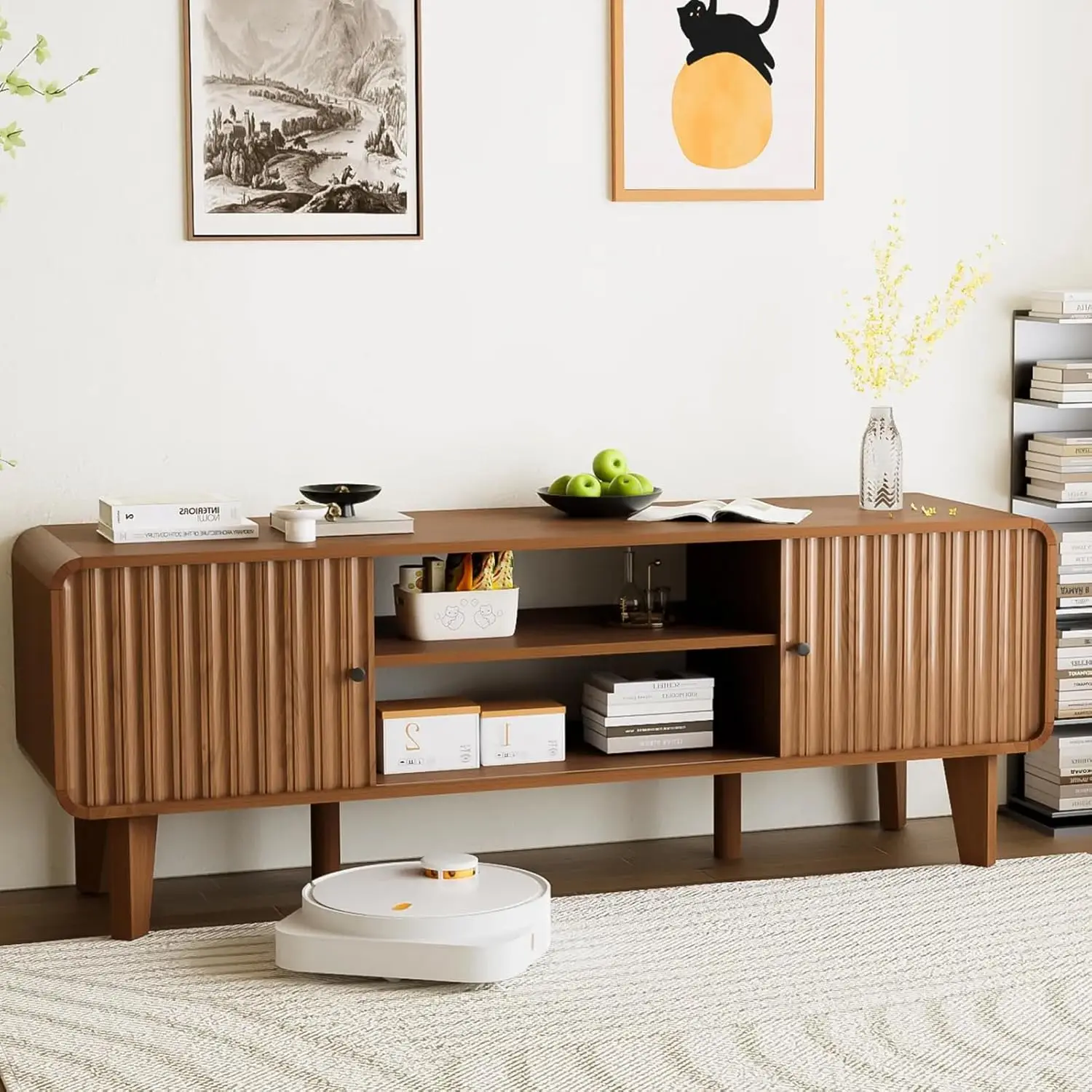 

TV Stand For 55/60/65 Inch TV, Mid Century Modern Entertainment Center With Storage And Round Corner Design, TV, Customized
