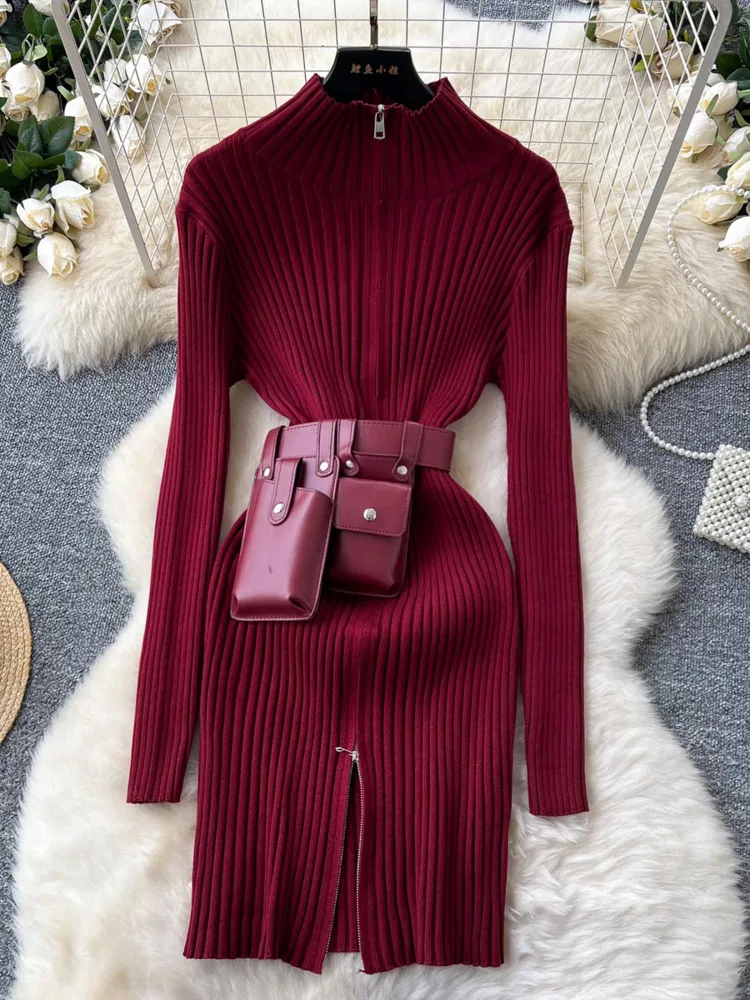 Style High-end Stand Up Collar Zipper Slim Fit Slimming Knitted Dress Women, Collection Waist Bag