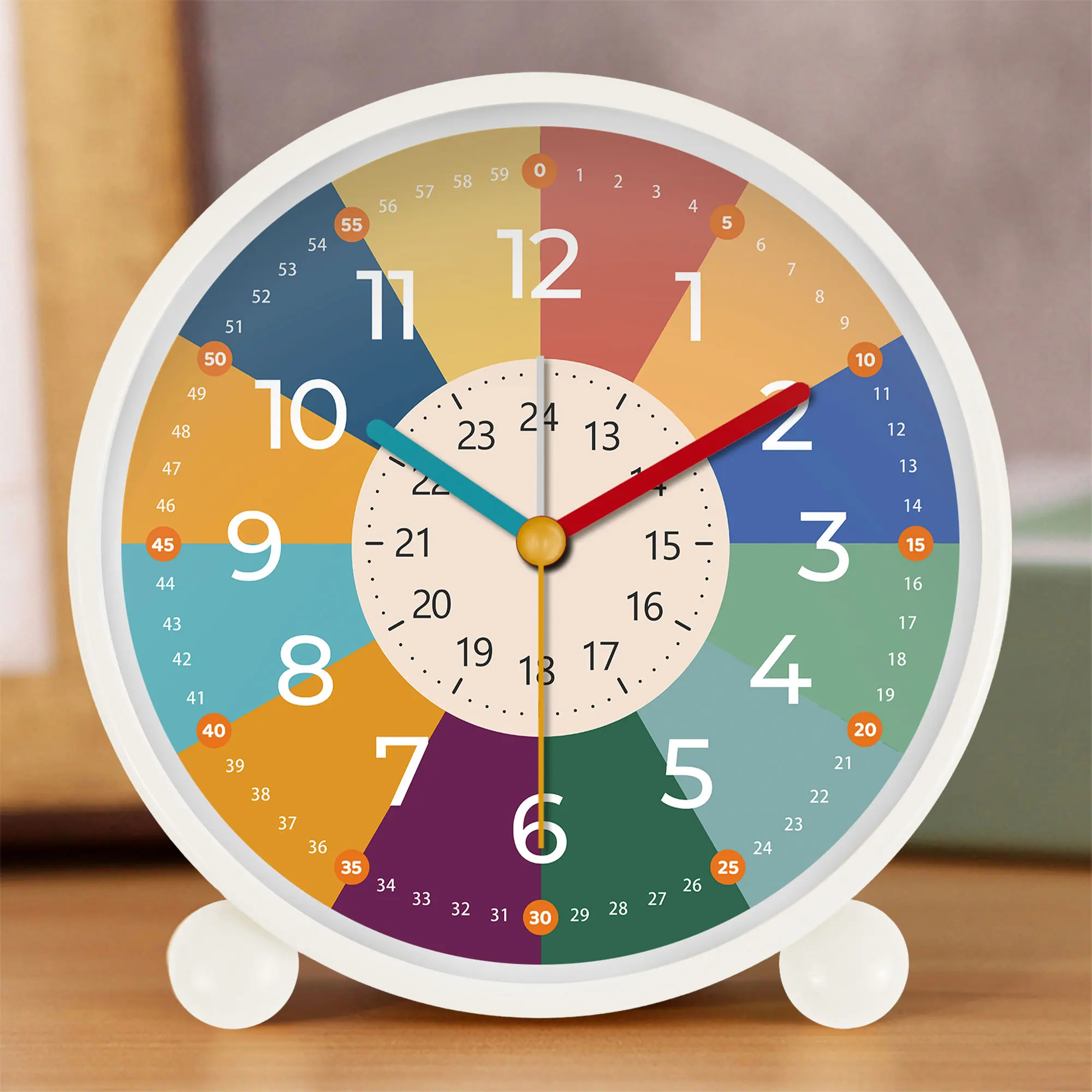 White rainbow alarm clock, instructional alarm clock with color pattern and color pointer design, instructional alarm clock