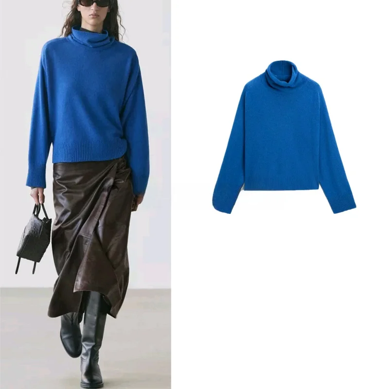 

Casual High Collar Long Sve Knitted Sweater Klein Blue Lazy Sle Women's Spring New Arrival Polyester Fiber Loose Fit