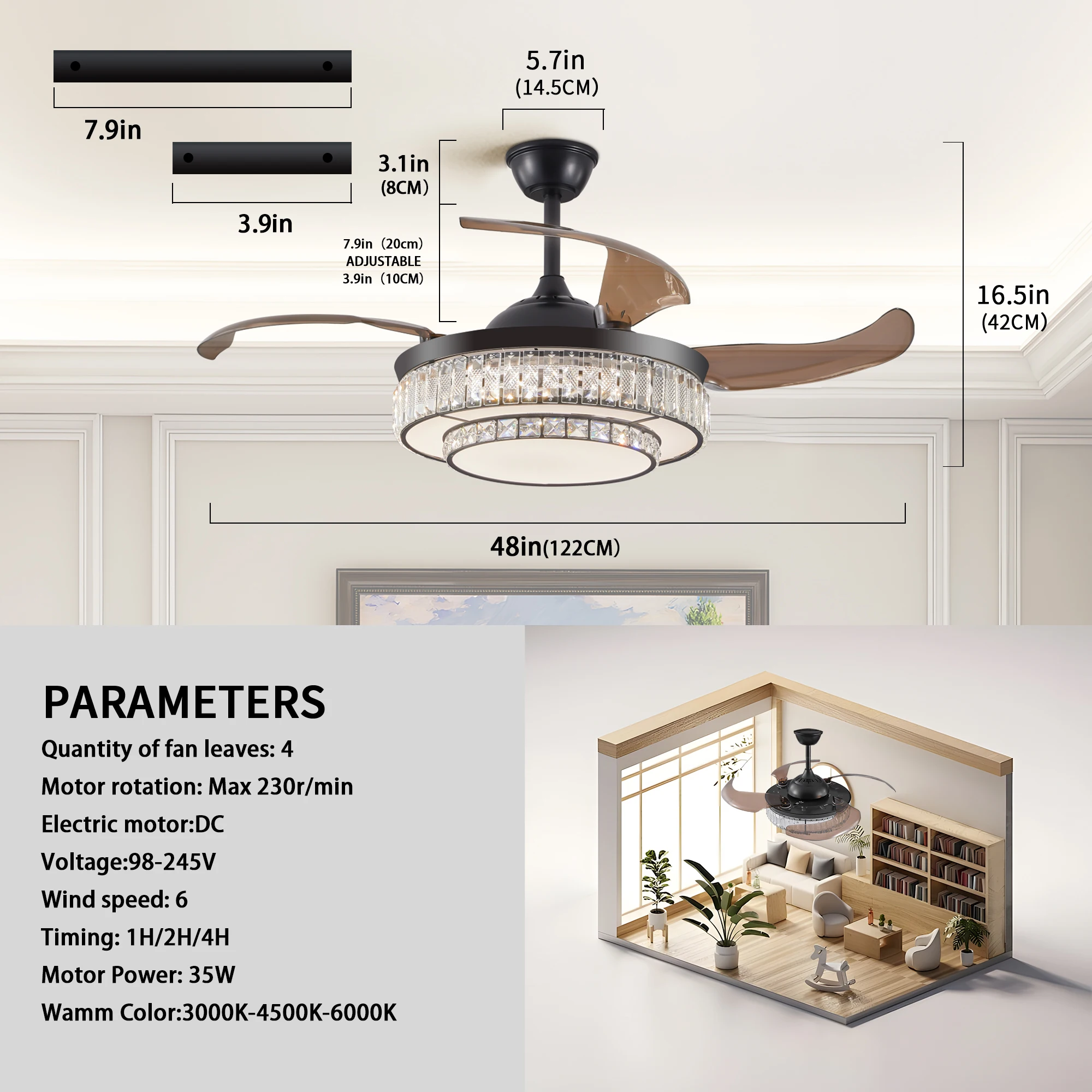 Luxurious Crystal Ceiling Fan Light, Silent Remote Control Folding Fan Light with Timer Function, Adjustable Color Temperature Led Crystal Lighting for Living Room and Bedroom Ceiling Light