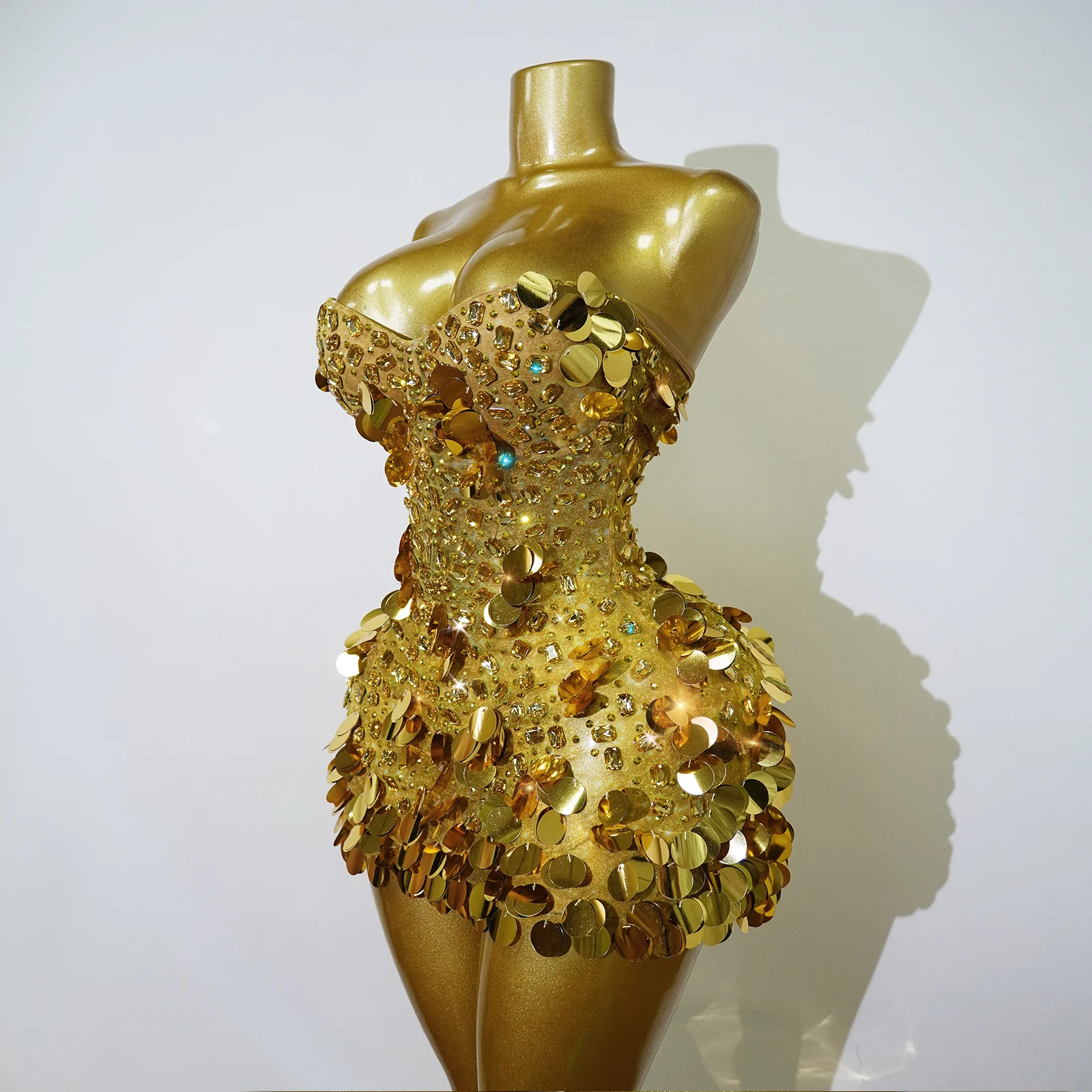 Gold Sparkly Rhinestone Sequins Mini Dress Sexy Strapless Mesh See Through Women Eveing Party Birthday Nightclub Stage Costume