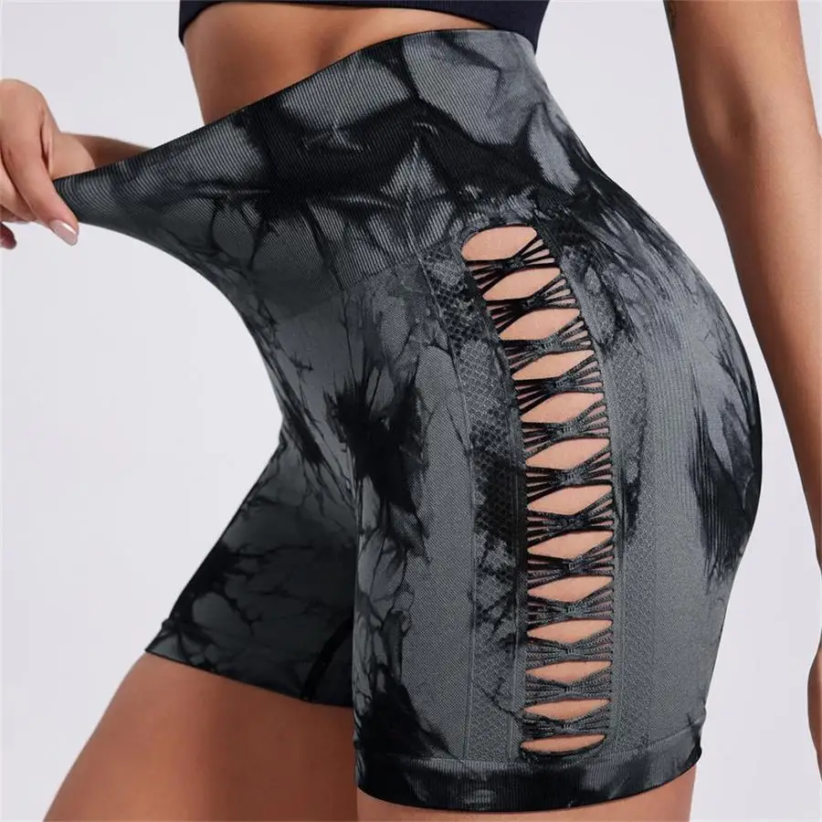 

Женские обтягивающие спортивные брюки с вырезами по бокам, высокоэластичные быстросохнущие брюки для йоги, дышащие быстросохнущие шорты с эффектом тай-дай.