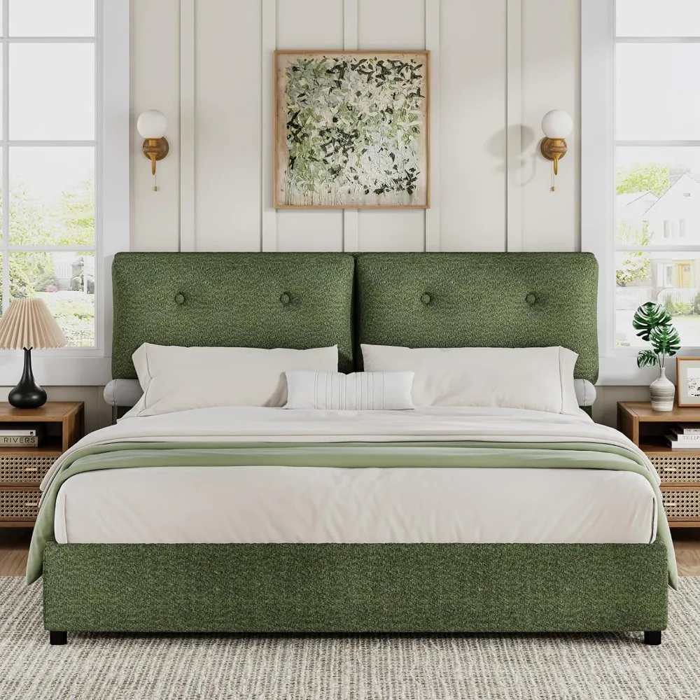 

King Size Bed Frame, Upholstered Boucle Platform Bed with Headboard, Cloud Bed Frames with Soft Headboard, Wooden Slats Support