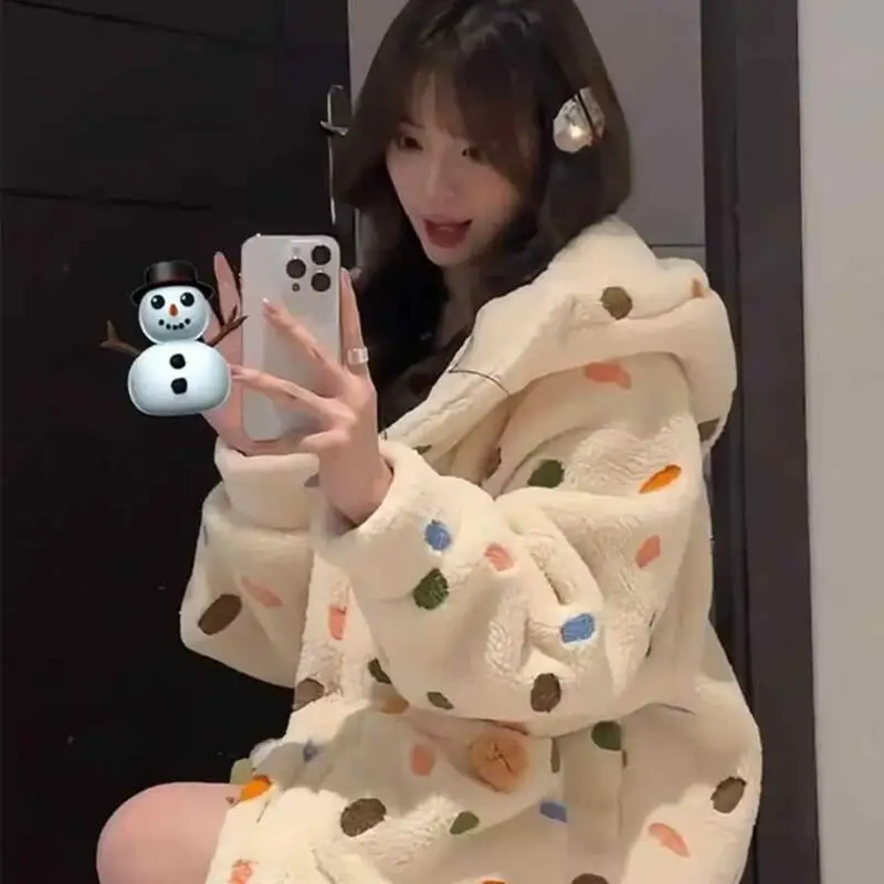 

Women's Clothing Coral Fleece Robe Winter Polka Dot Hooded Thicken Keep Warm Homewear Wearable As Outerwear Pajama Set Cute