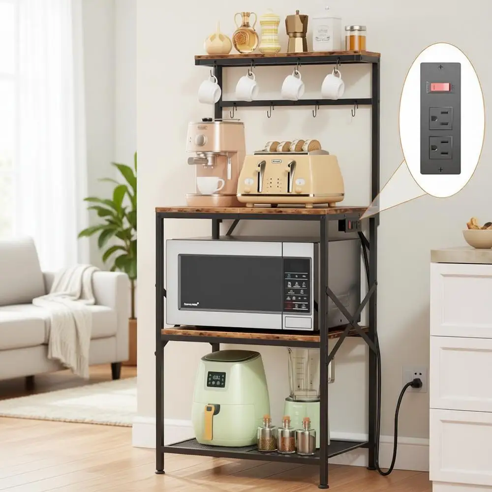 

Кухонная полка-стеллаж в деревенском стиле, коричневая, 4-ярусная, с розеткой и подставкой для микроволновой печи