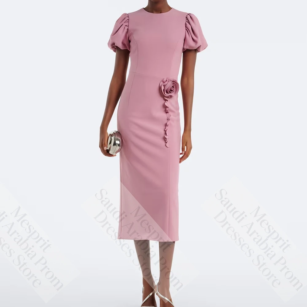 Gerade Abendkleider für Damen, Teelang, O-Ausschnitt, Kurzarm, Ballkleider, schlichte Mode, Blumenmuster, gerafft, maßgeschneiderte Kleider