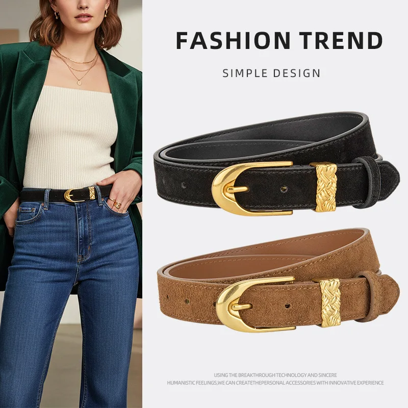 Casual suede cowhide belt for women, retro genuine leather decorated jeans, suit, versatile commuting belt for women, trendy