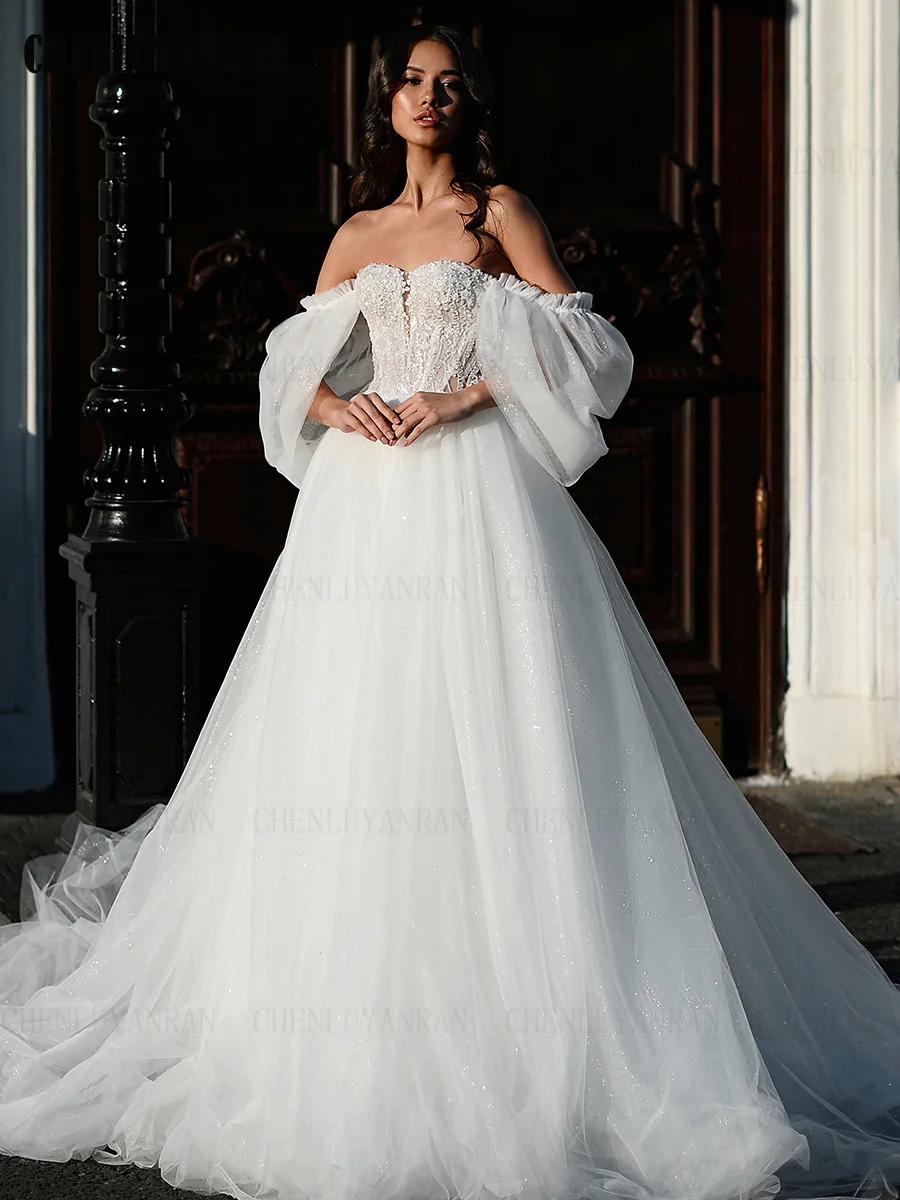 Sparkle Exquisite Wedding Dresses Puff Sleeves Illusion Sexy Wedding Bride Dresses Long Dresses For Wome 2025 Vestidos De Novia