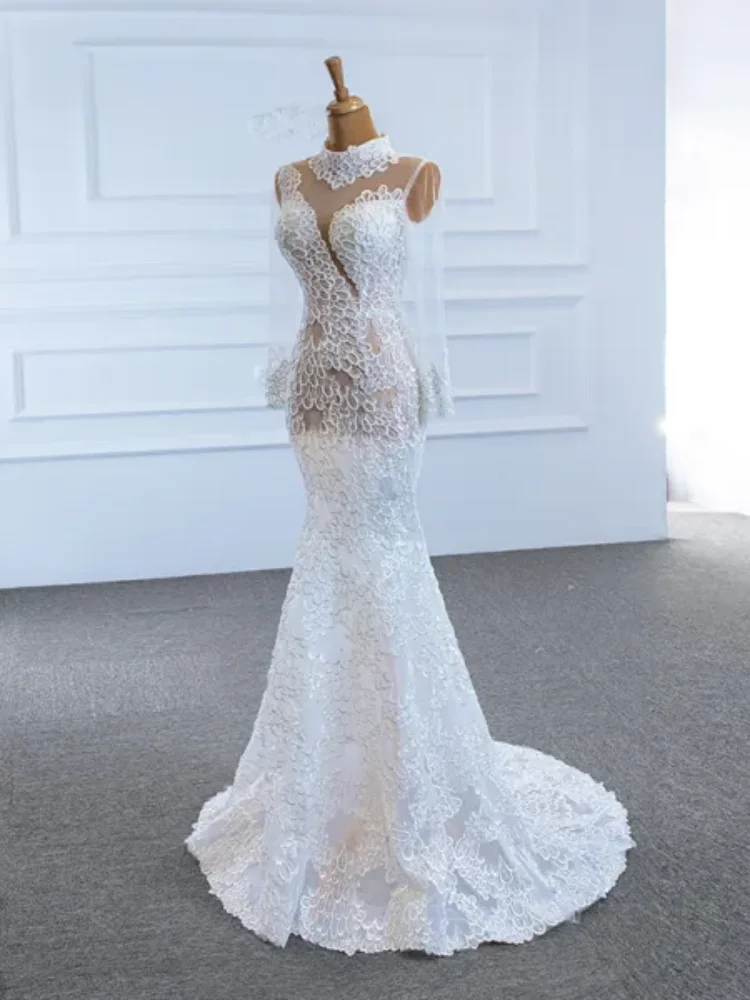 Customized 2025 White Fishtail Wedding Dress High Neck Transparent Mesh Long Sleeves White Lace Back Strap Elegant And Noble