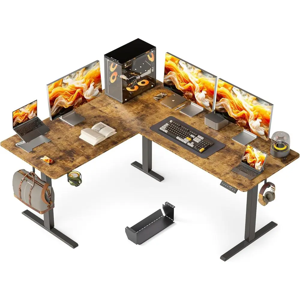 

Reversible L-Shaped Adjustable Standing Desk 63x55, Rustic Brown, Electric Sit-Stand Desk with Cup Holder