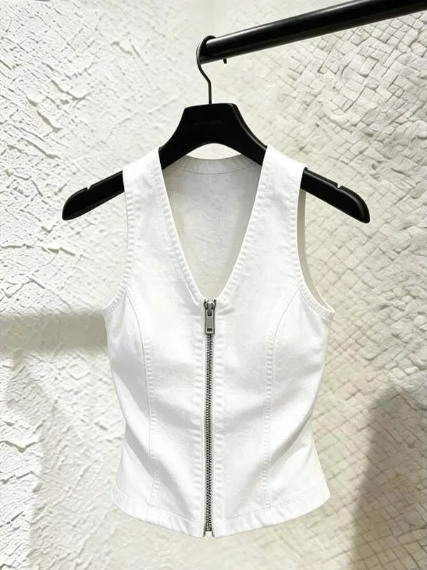 Slimming Short Denim Vest Summer Trendy Korean Style Commute Versatile Youthful Slim Fit Vest Zipper Closure Outerwear