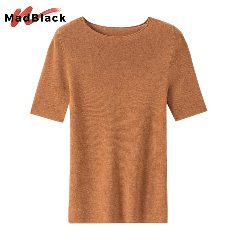 

Madblack,100%Pure Wool Elegant Sweater, Women O-neck Half Sleeve, Basics Knitted Tops, 2025 Winter Autumn Pullover T5O102JF