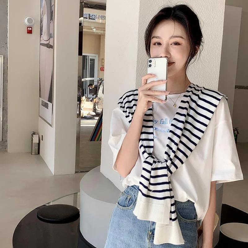 

2023 Spring Autumn Knitted Stripe Shoulder Shawl Thin Summer Office Air Conditioned Room Neck Protection Small Shoulder Pad