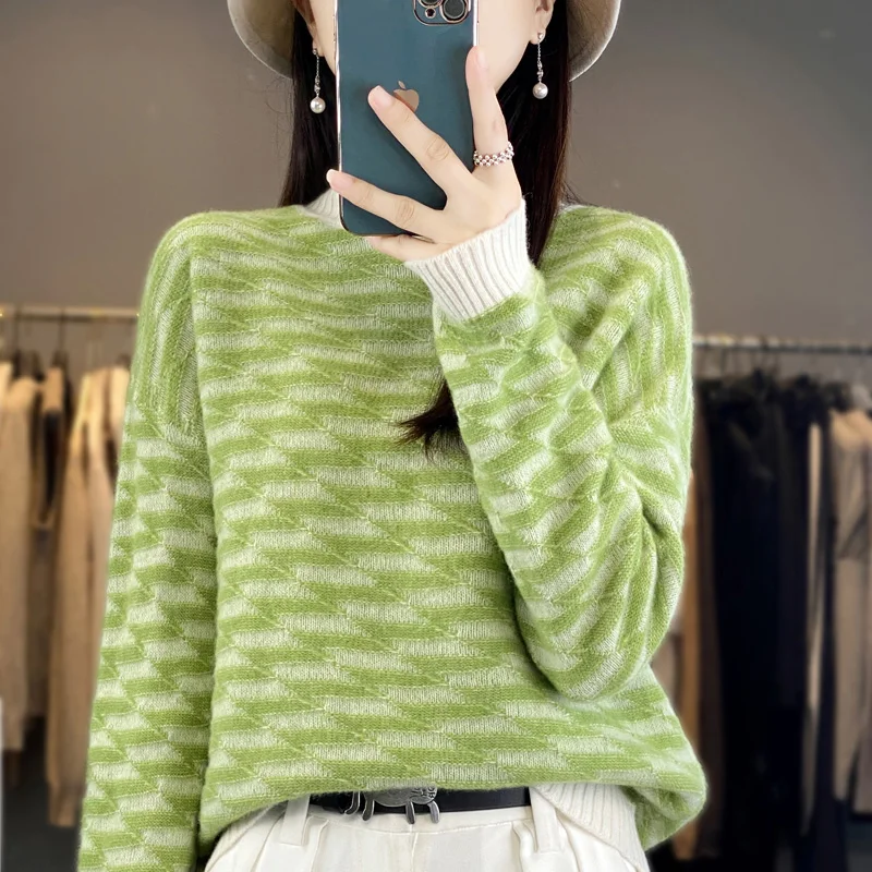 2023 Autumn and Winter New Women's Half High Neck 100% Wool Cashmere Sweater Casual Knit Pullover Korean Fashion Color Block Top