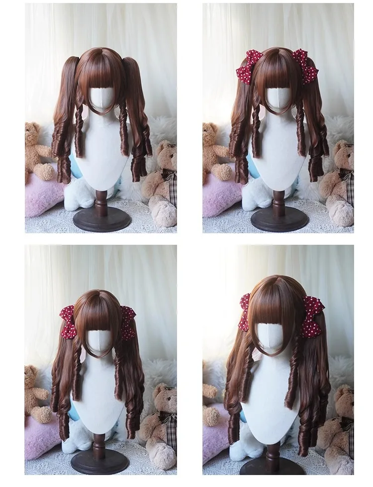 Sweet Roman Curly Synthetic Retro Lolita Long Curly Hair With Tigermouth Double Ponytail  Anime Wig Woman Party Cosplay Wig