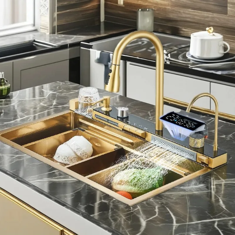 

Modern Large Single Bowl Multifunctional Sink LED Digital Display Kitchen Sink with Cup Washer and Soap Dispenser