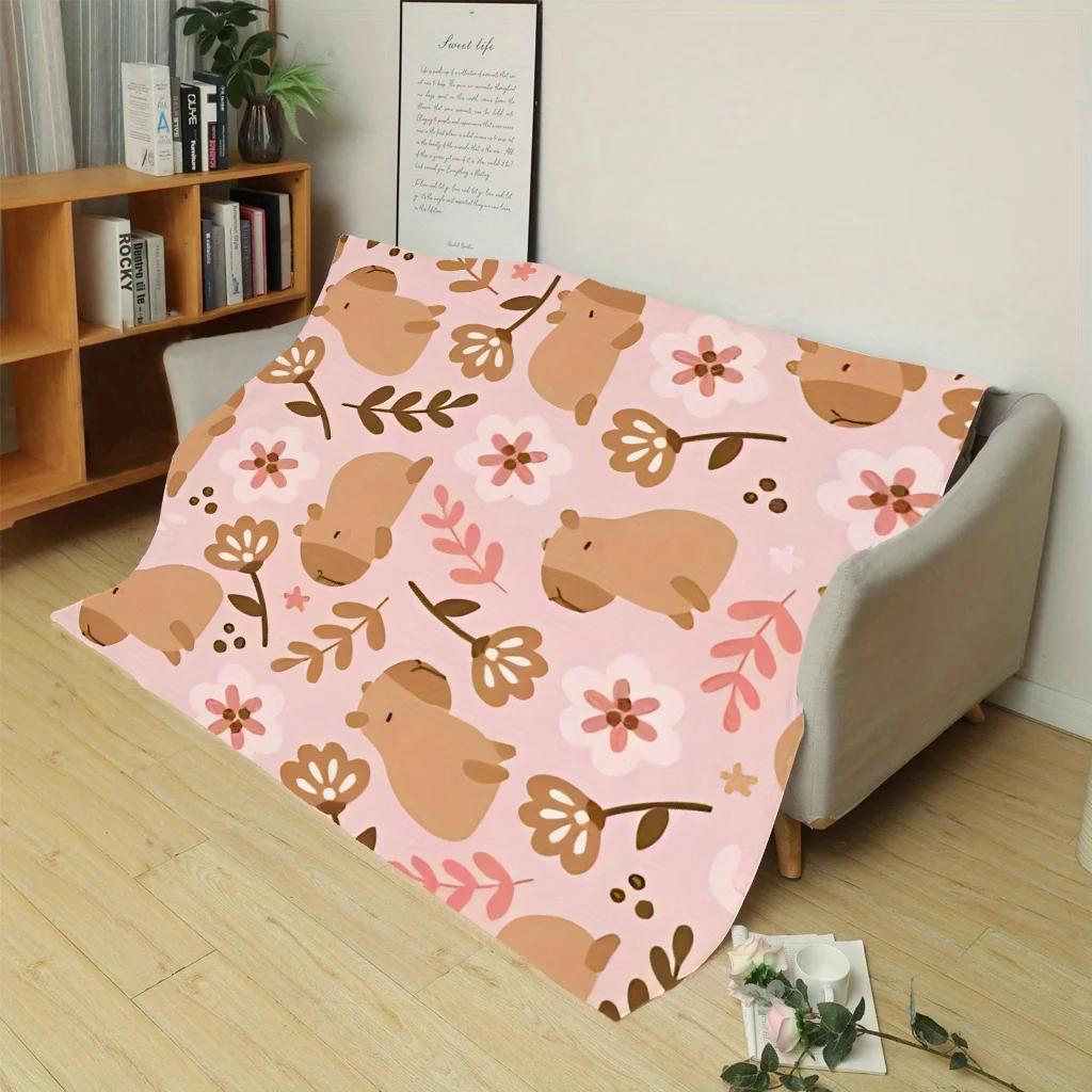 Cozy Capybara & Floral Print Flannel Blanket - Soft Lightweight All-Season Throw for Bed, Couch, Camping & Travel