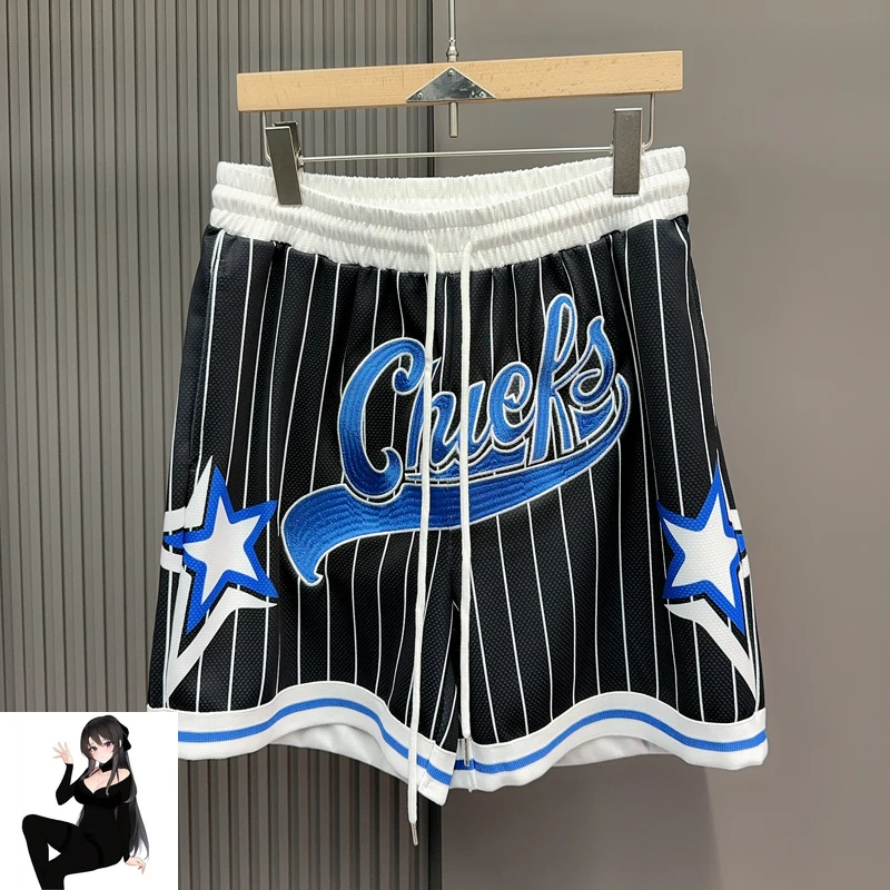 Vertical Stripe Black Blue White Mesh Quick Dry Basketball Shorts Men Women Classic Star Digital Printing Loose Shortpant GYM