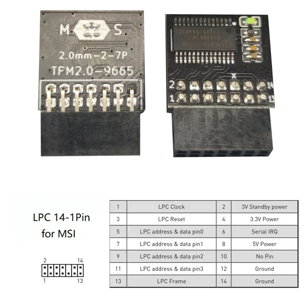 Módulo de seguridad de cifrado LPC TPM 2,0, tarjeta remota de 14 pines, placa de módulo TPM2.0 para MSI Windows 11