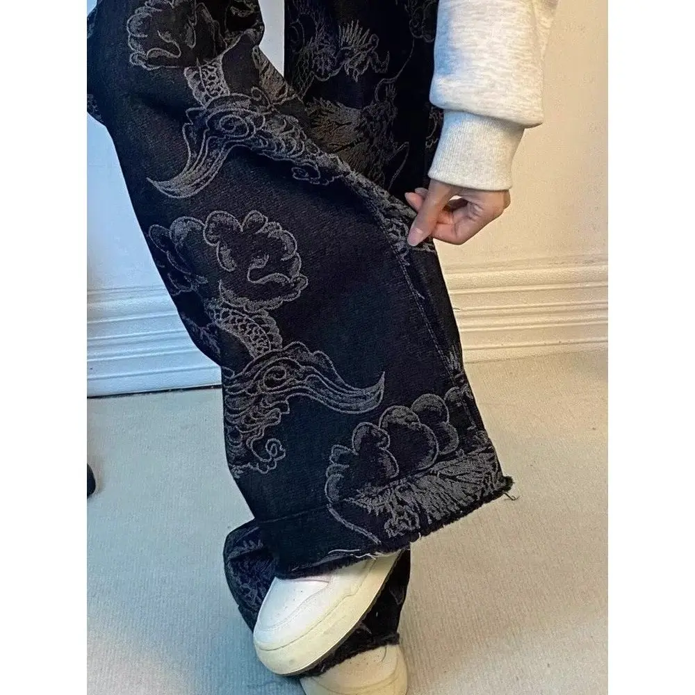 Summer New National Tide Dragon Print Embroidery Straight Jeans Female 2024 High Street Spice Girl Loose High Waist Slim Jeans