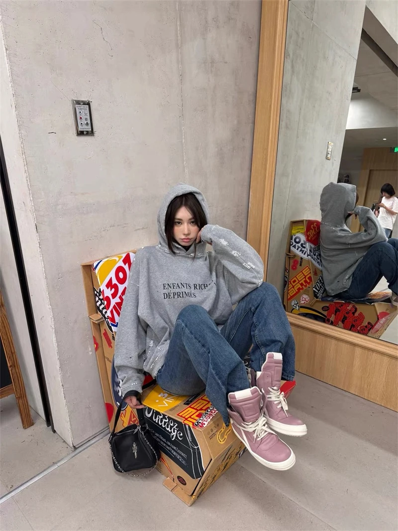 ERD High Quality Letter Slogan Printed Vintage Hoodie High Street American Casual Lazy Style Trendy Cotton Street Hip Hop Rock