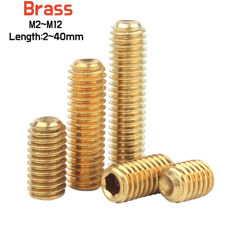 1-50pcs M2 M2.5 M3 M4 M5 M6 M8 M10 M12 Brass Hexagon Socket Set Screws With Cup Point Grub Screw Bolts DIN916 Length 2~40mm