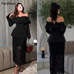 FairyKissy Dubai Lace Mermaid Evening Dresses Pleats Off Shoulder Long Sleeves Ankle Length فساتين السهرة Celebrity Party Gowns
