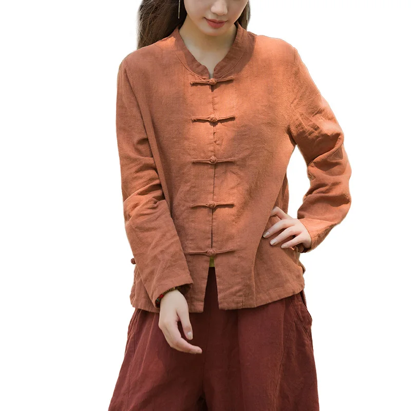 Chinese Style Mandarin Shirt Women Tang Suit Top Kong Fu Ramie Clothing