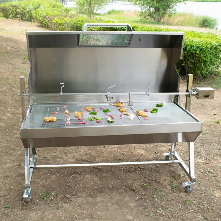 High Quality Steel & Metal BBQ Rotisserie Attachment with Folding Spits Trolley & Grill Cover for Outdoor Charcoal Grilling