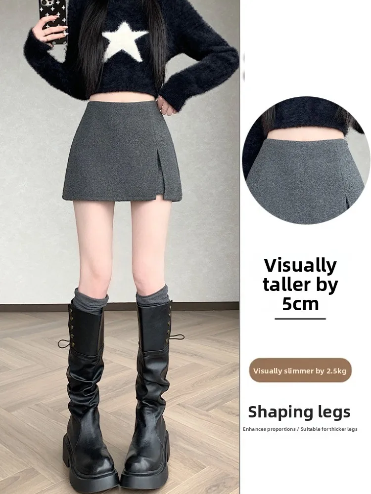 하이웨이스트 A라인 스커트 여성용 울 체어드 플리츠 스커트 봄 가을 겨울 패션 출퇴근 사이드 슬릿 스커트