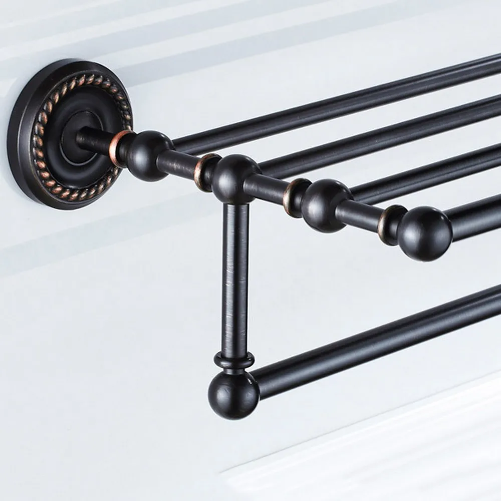 Akcesoria łazienkowe Czarny olej wcierany mosiądz Rzeźbiony kwiat Naścienny uchwyt na wieszak na ręczniki łazienkowe Półka na półkę aba210